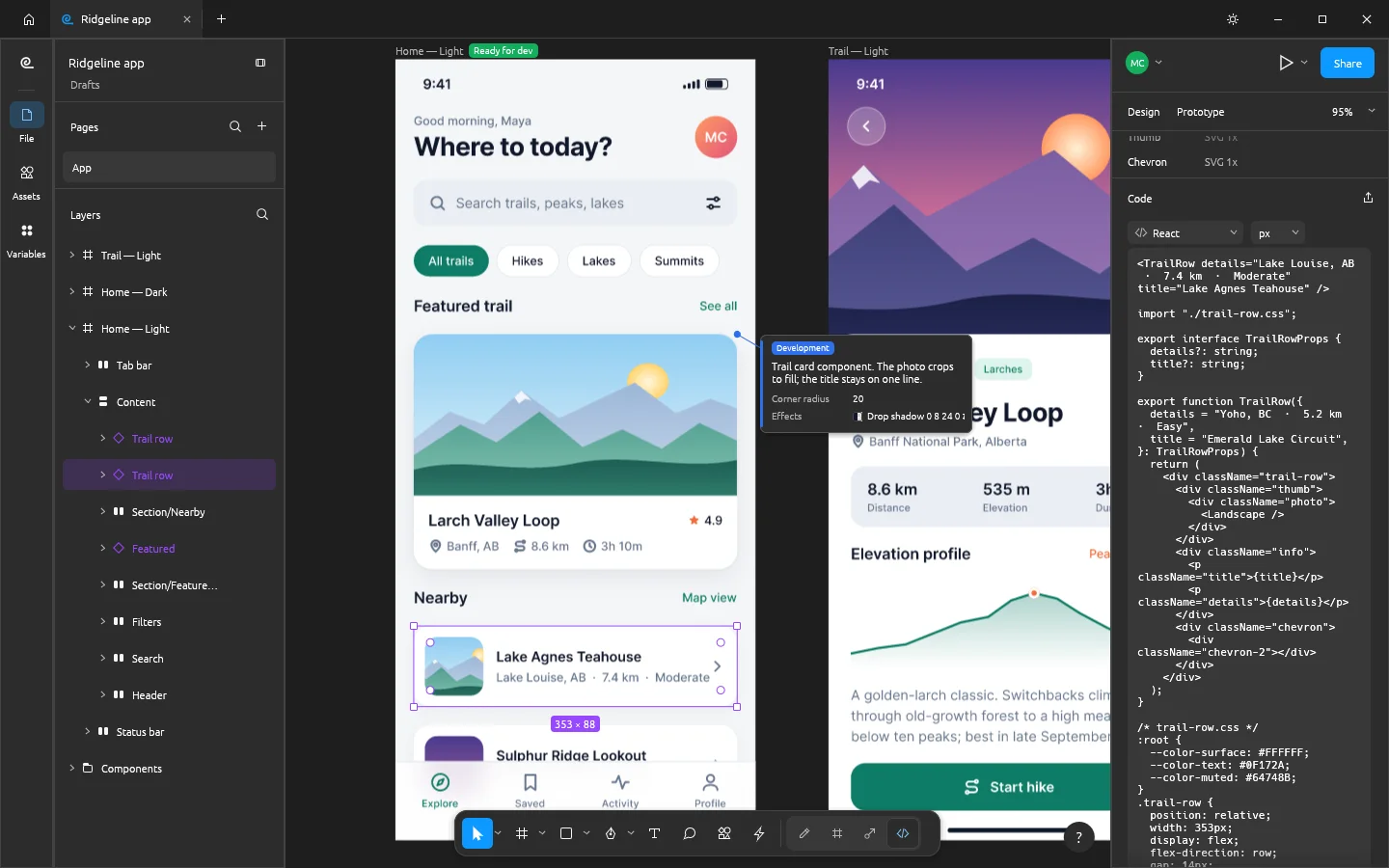 FigCraft Dev Mode with a Development annotation on a trail card and generated React code in the Inspect panel